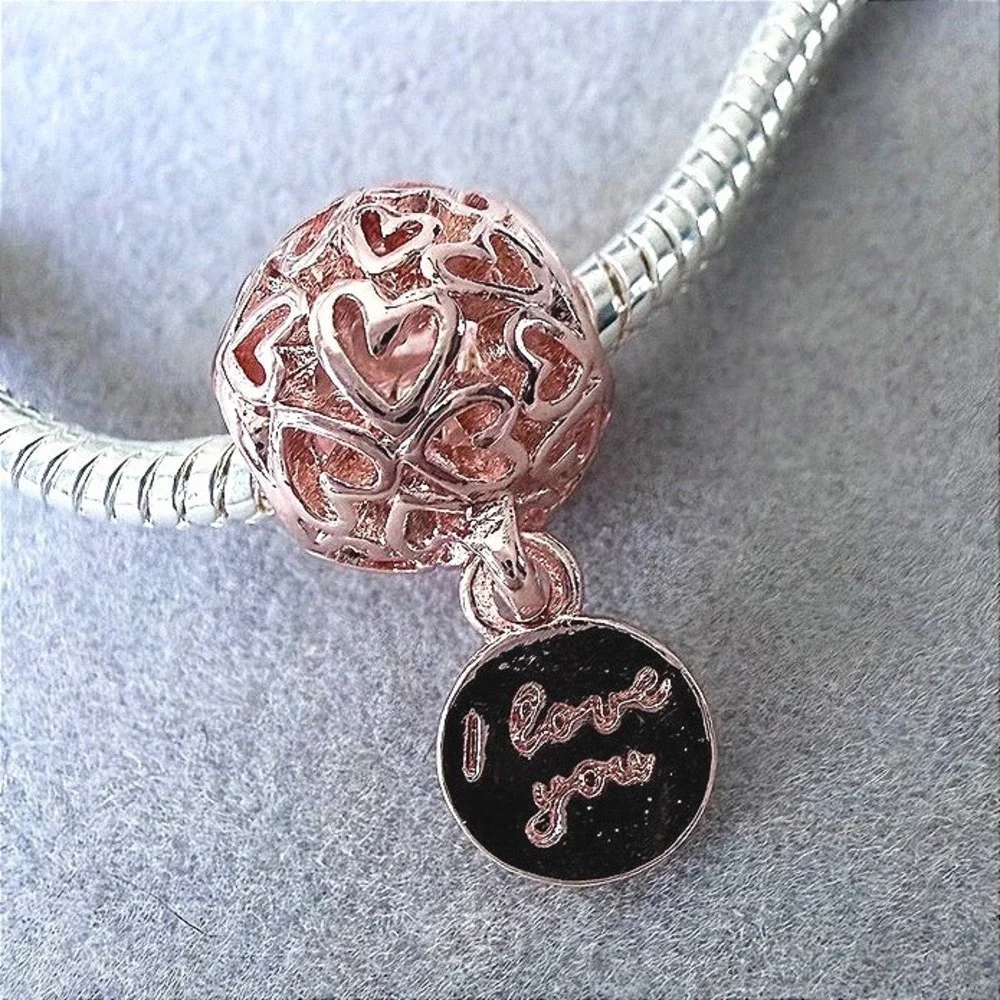 Rose Gold Holo Heart I Love You Dangle European Charm Bead fits PANDORA